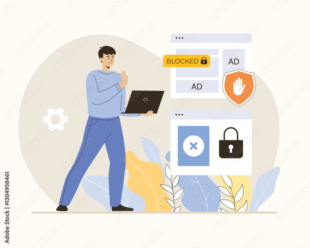 Aufkleber ad blocking browser extension, online advertisement filtering software or application. spam protecti