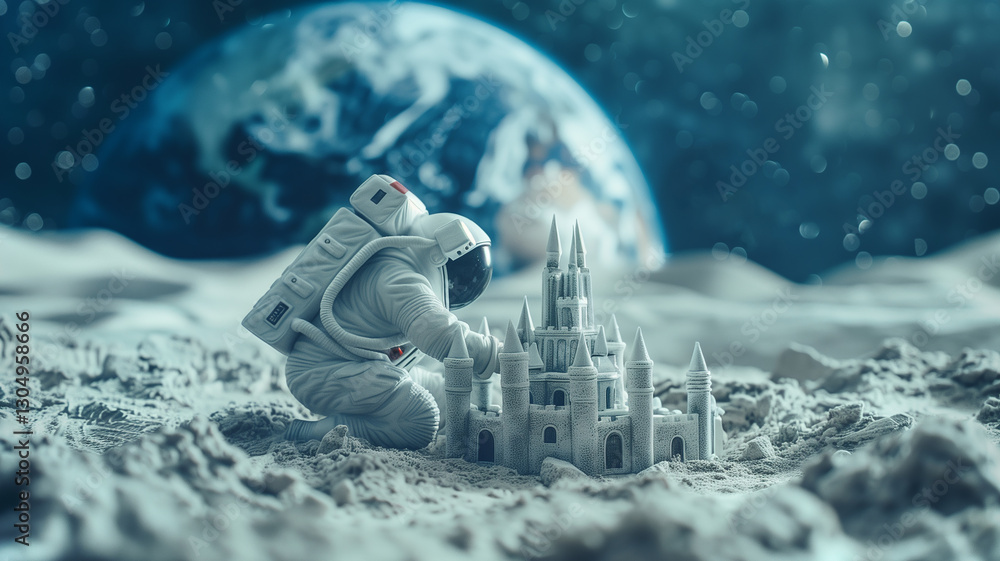 Poster this astronaut constructs a detailed castle on the moon's surface while looking at earth.