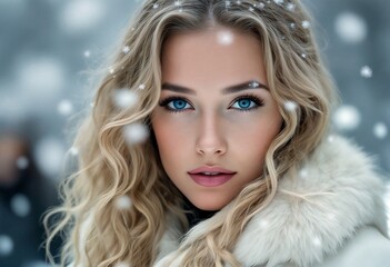 Fototapeta premium a young woman with long blonde hair and blue eyes, wearing a white fur coat and standing outside on a snowy day.