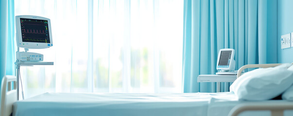 Bright hospital room with medical equipment and sheer curtains