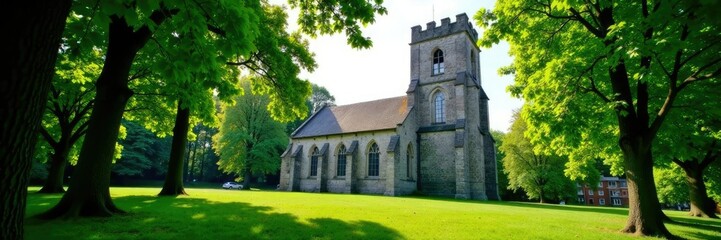 Lush green trees surround ancient stone church tower, Church, Stone