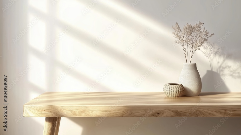 Poster minimalist wooden table top with soft shadows in a bright, well-lit interior. 3d rendering of a prod