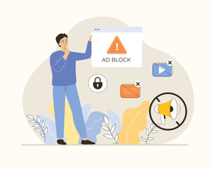 Online ad blocker concept. No advertising, anti spam protection, without ads concept. Website Adblock software. Flat vector illustration.