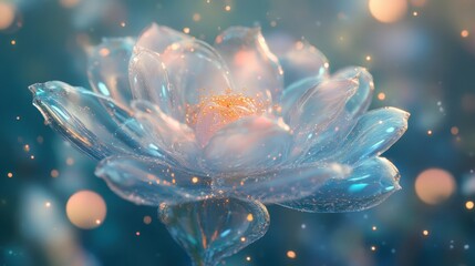 Obraz premium Delicate glass rose with blue and pink hues glowing softly in a misty golden atmosphere