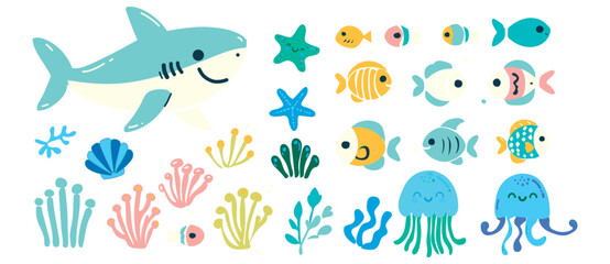 Set of underwater animals and plants, shark, fish and corals, vector illustration