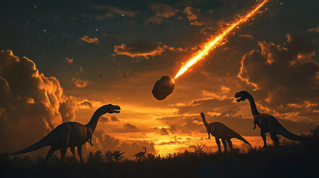 Extinction Event, Dinosaurs Watching a Massive Meteor Streak Across the Sky