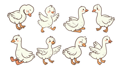 Cute goose farm bird childish characters in different position and action outdoors isolated drawing set. Funny geese standing, playing, vector illustration