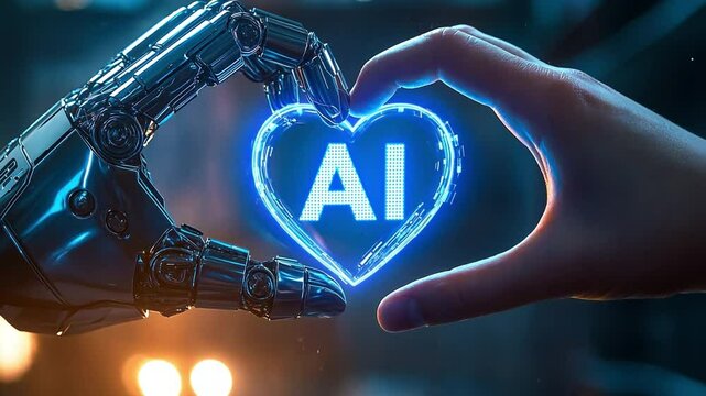 AI & Human: A futuristic image merging technology and affection, a robotic hand and a human hand converge, forming a heart around a glowing "AI" symbol.