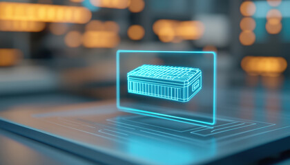 Futuristic mechanical visualization of floating battery design in tech environment