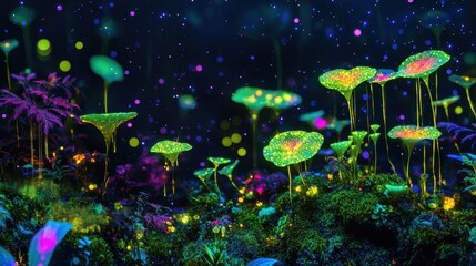 Glowing vines and bioluminescent petals scattered across damp moss neon ferns radiating light under a starry sky