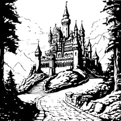 Fototapeta premium architecture, sketch, building, coloring page, drawing, church, vector, city, illustration, old, castle, travel, europe, art, tower, house, paris, cathedral, town, vintage, landmark, design, ancient, 