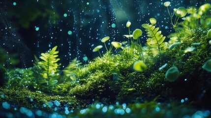 Fototapeta premium Dreamlike landscape covered with glowing vines bioluminescent petals and neon green ferns against a dark backdrop