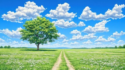 Obraz premium Summer landscape with green meadow, road and tree on blue sky background