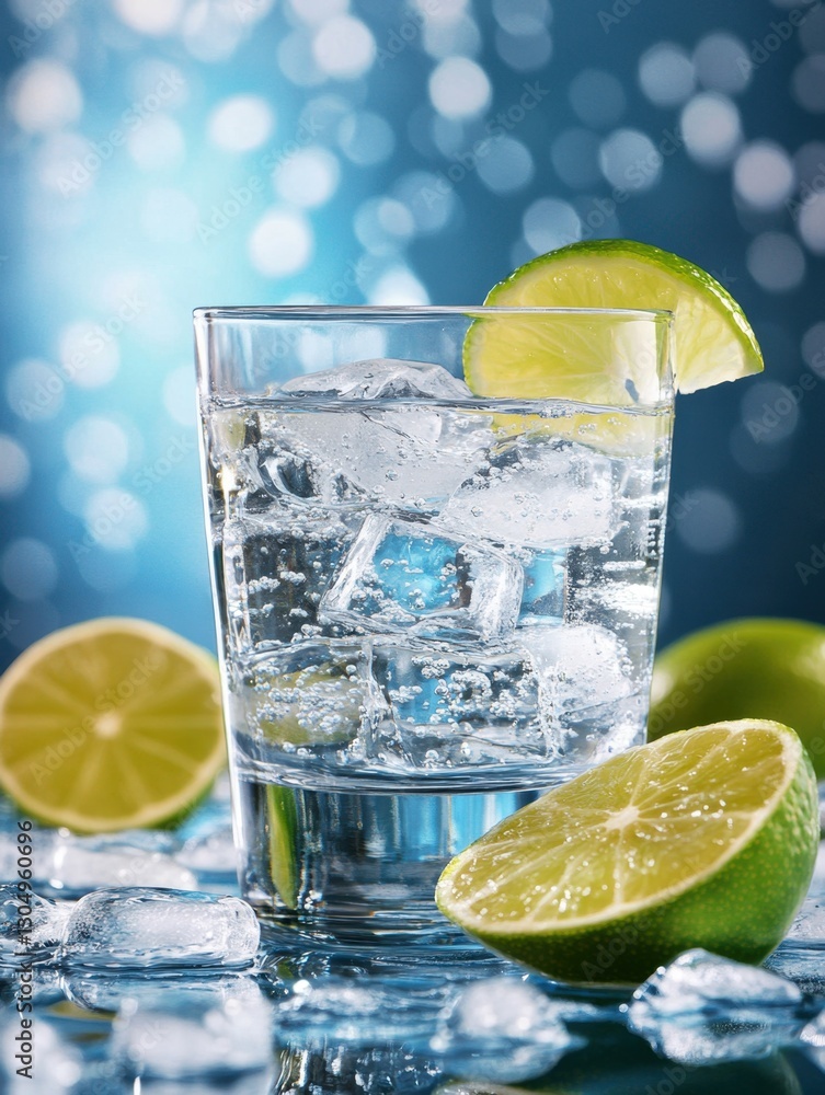 Poster refreshing gin tonic cocktail with lime and ice cubes on a blue bokeh background capturing a vibrant