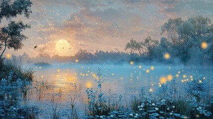 Ethereal swamp with electric blue water and glowing flowers golden orbs rising from the misty enchanted landscape