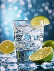 Refreshing gin tonic cocktail with lime and ice cubes on a blue bokeh background capturing a vibrant and inviting atmosphere perfect for summer relaxation