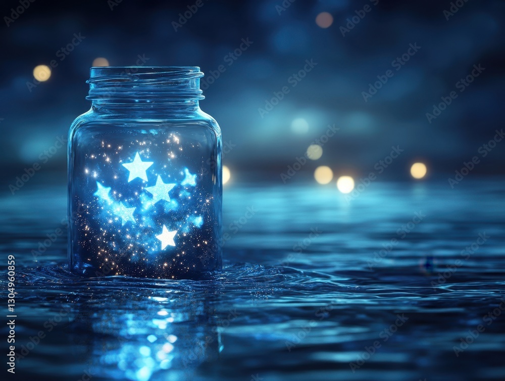 Poster magical stars in a glass jar floating on water with a dreamy bokeh background creating a serene and 