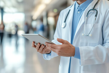 Healthcare professional using tablet in hospital setting