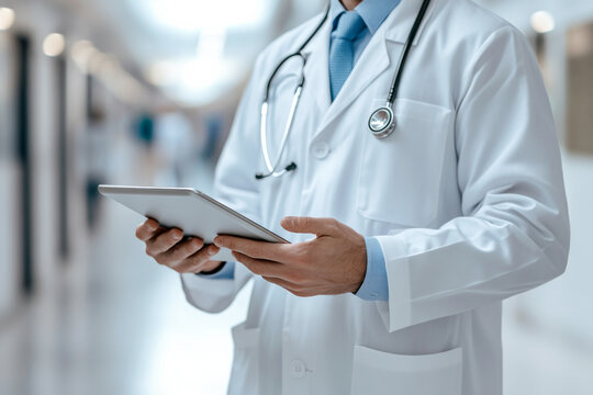 Healthcare professional using tablet in hospital corridor