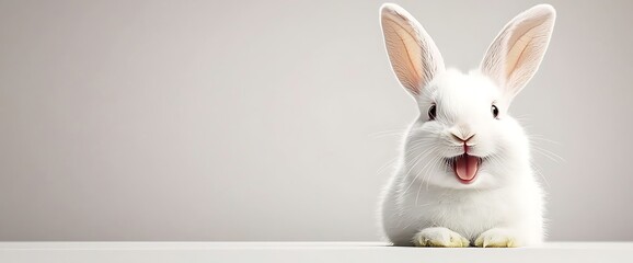 Fototapeta premium Happy white rabbit smiling with open mouth in studio setting against neutral background
