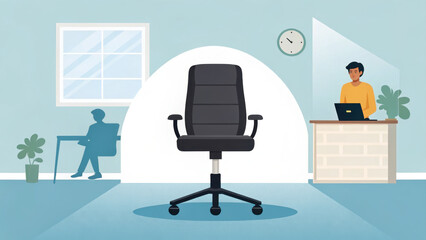 modern office scene featuring black ergonomic chair, person working on laptop, and shadowed figure in background