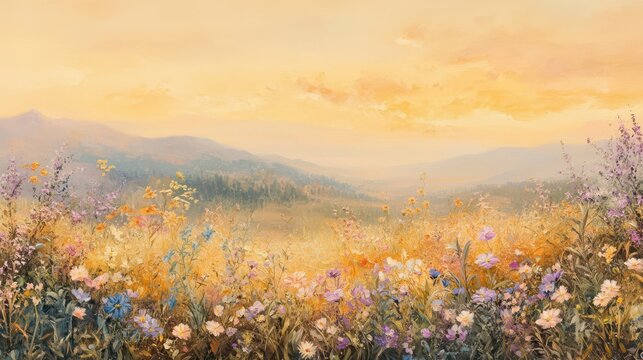 Rolling wildflower meadow with golden sky and mist creating a dreamy glow