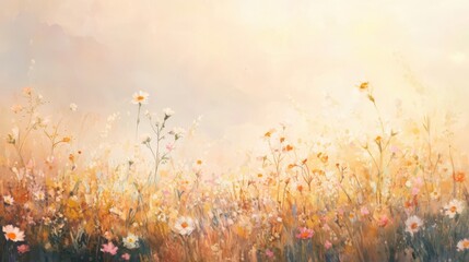 Soft rolling meadow with wildflowers gently swaying under golden sunlight