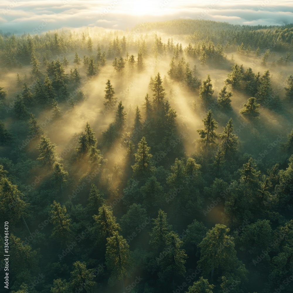 Poster aerial view of a serene forest bathed in golden sunlight filtering through mist creating a tranquil 