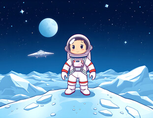 Girl in a space suit stands on a planet