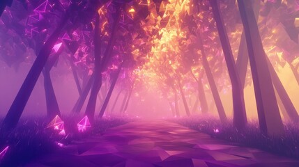 Obraz premium Ethereal polygonal forest glowing in gold and purple fading into the horizon