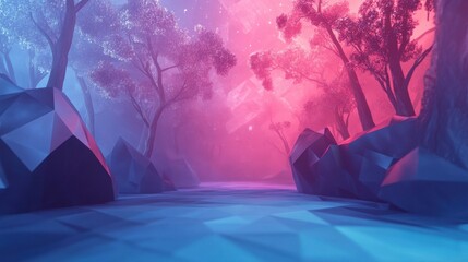 Obraz premium Polygonal alien forest with surreal glowing trees and soft cosmic mist