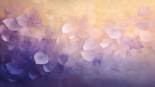 Dreamy petal silhouettes blending into a misty lavender and gold background with glowing touches