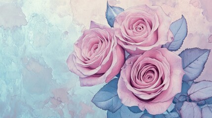 Delicate Pink Roses on Watercolor Background