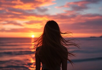 A young woman with long hair looking at the ocean during sunset.