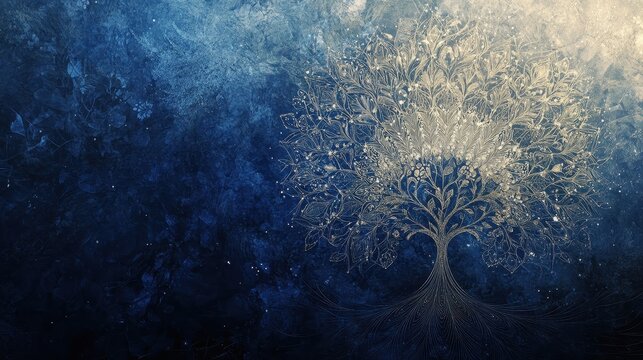 Tree formed from fine geometric lines with mandala patterns glowing softly against blue hues
