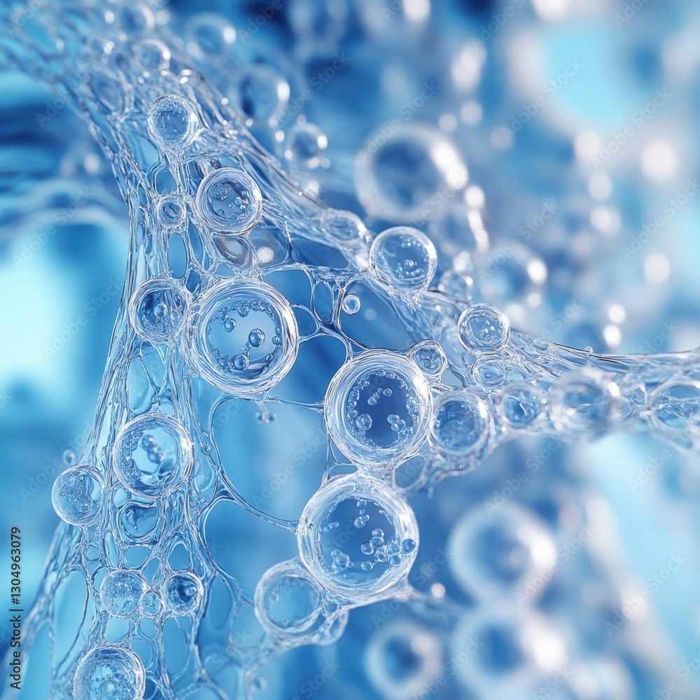 Poster abstract microscopic view of water droplets and interconnected network on blue background for scienc