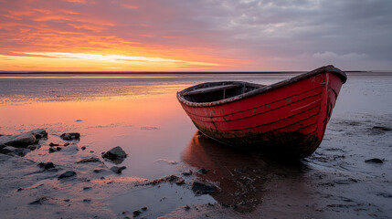 Fototapeta premium red boat on shore at sunset, reflecting vibrant colors