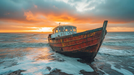 Obraz premium Abandoned boat on beach at sunset with waves crashing