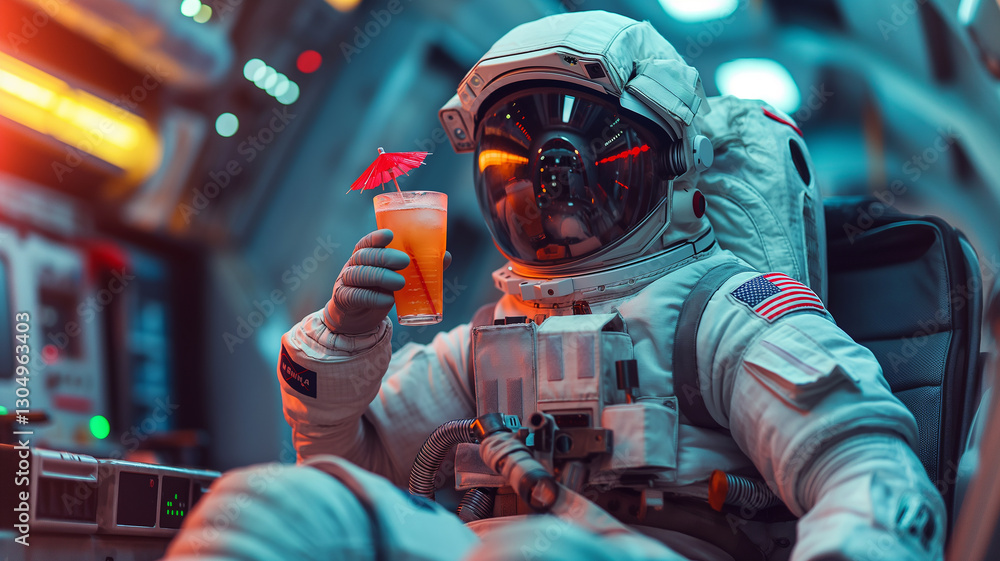 Poster this astronaut enjoys a cocktail while seated in a futuristic spacecraft cabin.