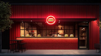Modern Red Brick Burger Restaurant Exterior at Night