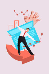 Trend artwork composite 3D photo collage design of beauty studio modern pose flexibility young man dance back stand arrow laptop work