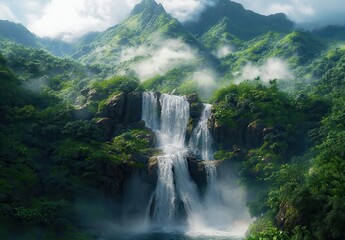 Fototapeta premium Majestic Waterfall Surrounded by Lush Greenery and Misty Mountains in a Tropical Paradise