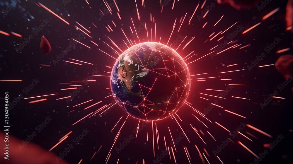 Poster the image shows a digital rendering of planet earth, enveloped by a network of glowing red lines tha