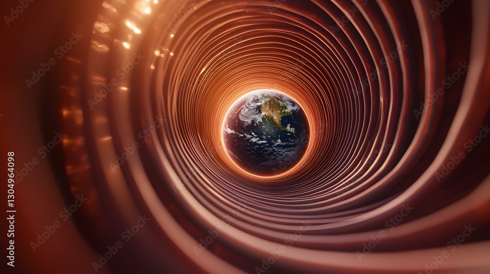 Poster a digital rendering shows earth nestled within a swirling vortex of concentric copper-toned rings, c