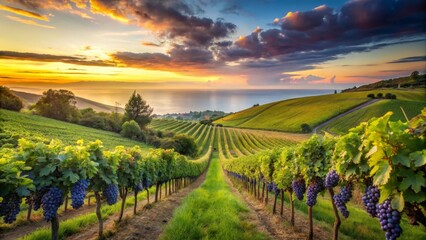 Fototapeta premium Serene Vineyard Sunset Over Coastal Hills, Rows of Grapes Ripening Under a Vibrant Sky