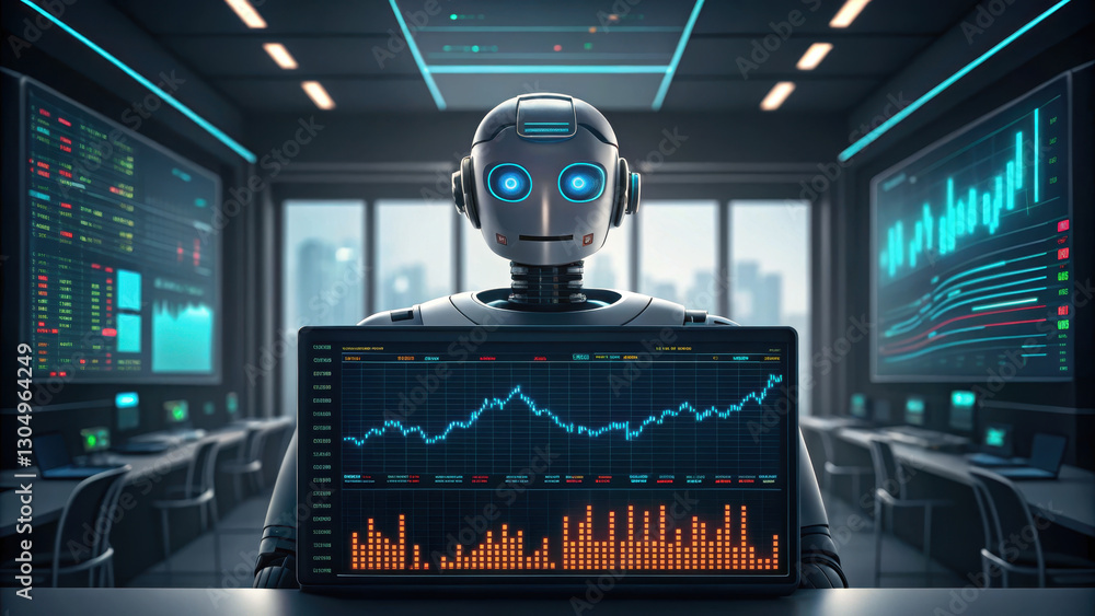 Poster robotic trader analyzing volatile stock market with advanced technology. environment features digita