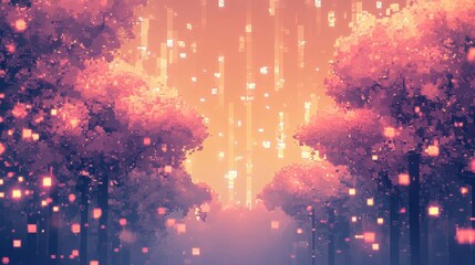 Fototapeta premium Pixelated cherry blossoms floating against a pastel sky with pixelated branches and glowing light specks in the air