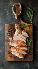 Sliced Roasted Chicken Breast on Rustic Wooden Board