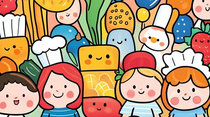Colorful illustration of happy food characters.
