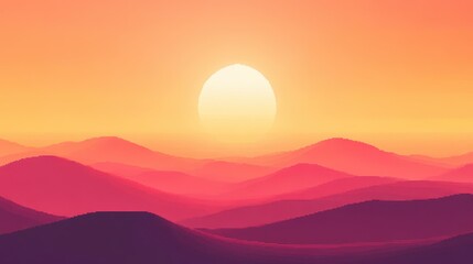 Obraz premium Peaceful pixel sunrise over hills with soft glowing pink and orange tones in the sky